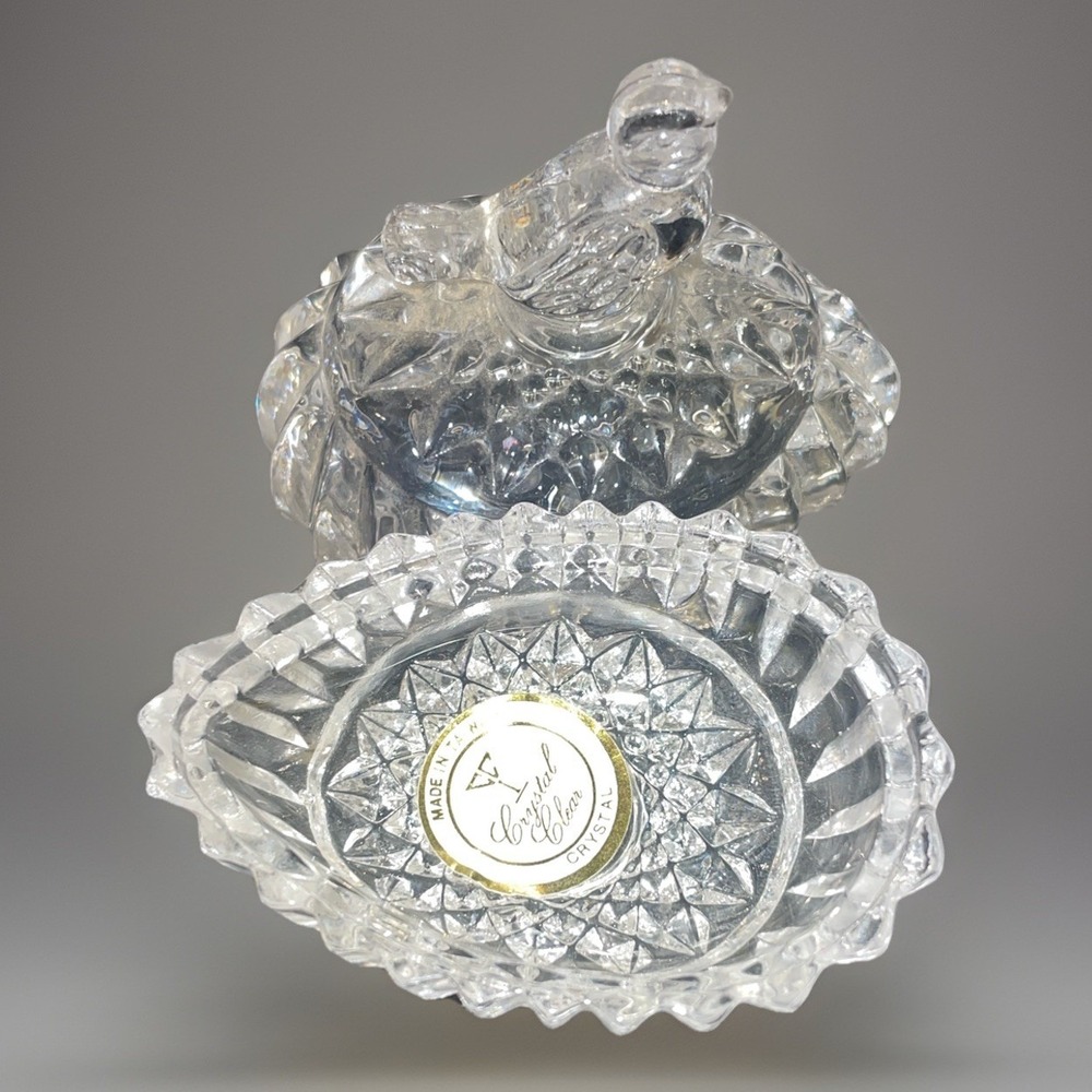 Vtg Crystal Clear Glass Bird on Egg Shaped Trinket Box Dish Made In‎ Taiwan - Picture 3 of 4